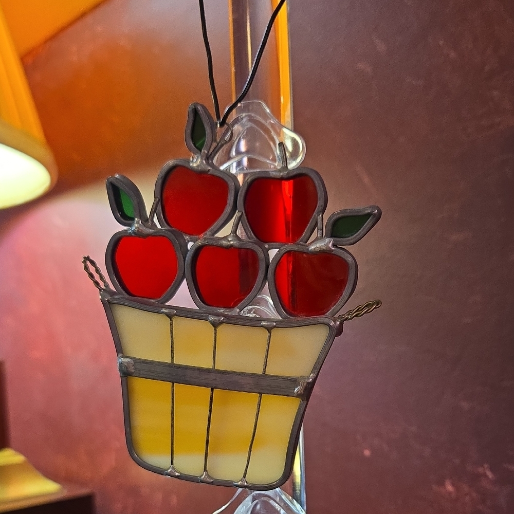 Vintage Suncatcher Leaded Stained Glass Apple Basket